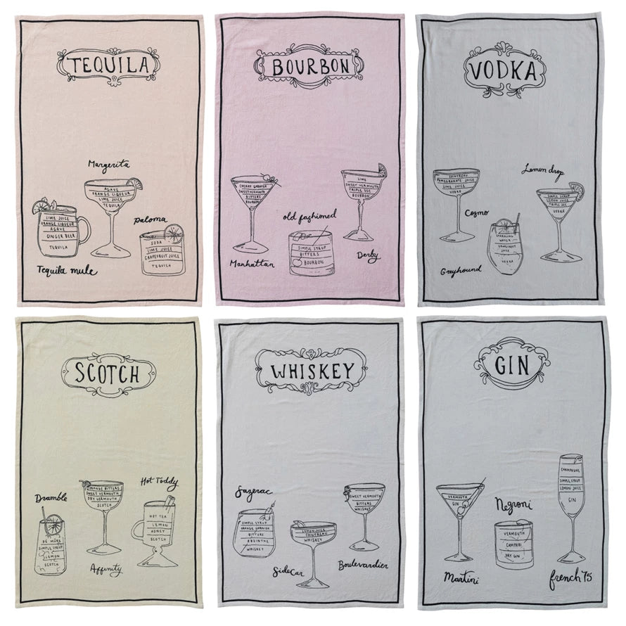 Linen Blend Tea Towel with Cocktail Recipes & Art, 6 Styles