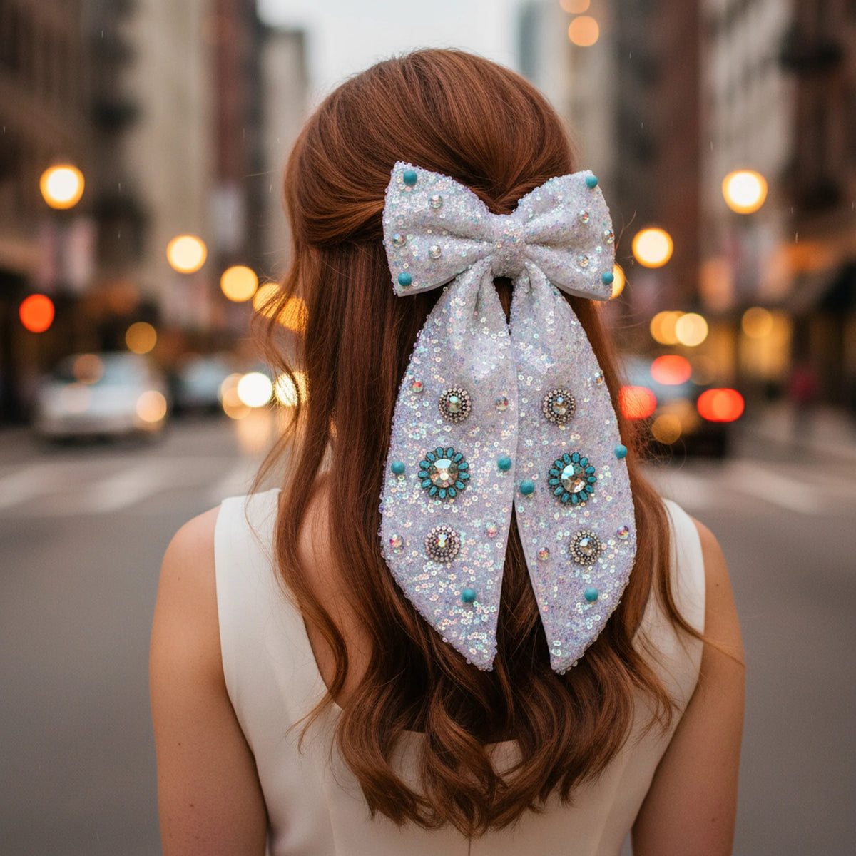 Girl Just Wanna Have Fun Iridescent & Turquoise Western Bow