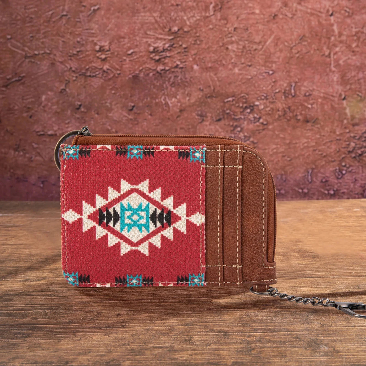Wrangler All-Over Maroon Aztec Print Mini Zip Card Case