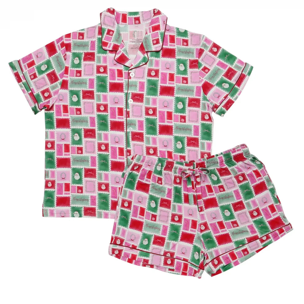 womens letter to santa button down shorts set bamboo